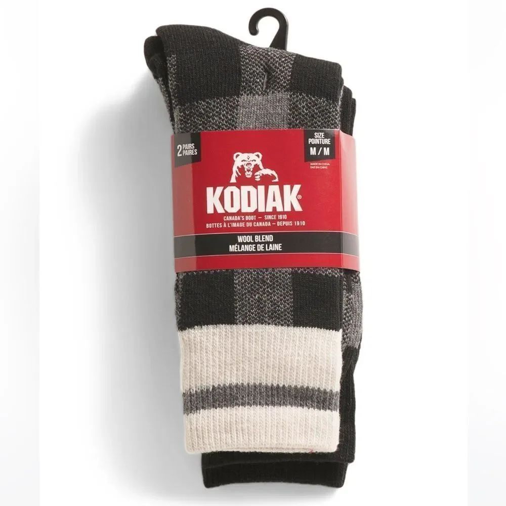 KODIAK Thermal Black White Gray M US W 4-10 Buffalo Plaid Wool Boot Socks 2 pk